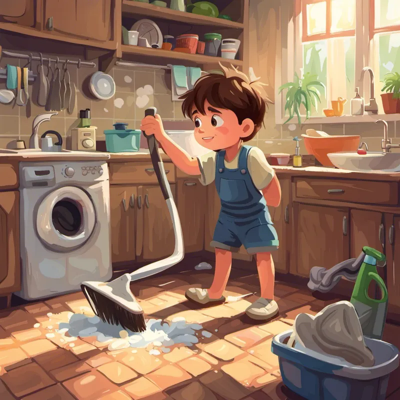 Small boy with brown hair, determined and happy doing dishes, laundry, and sweeping floors