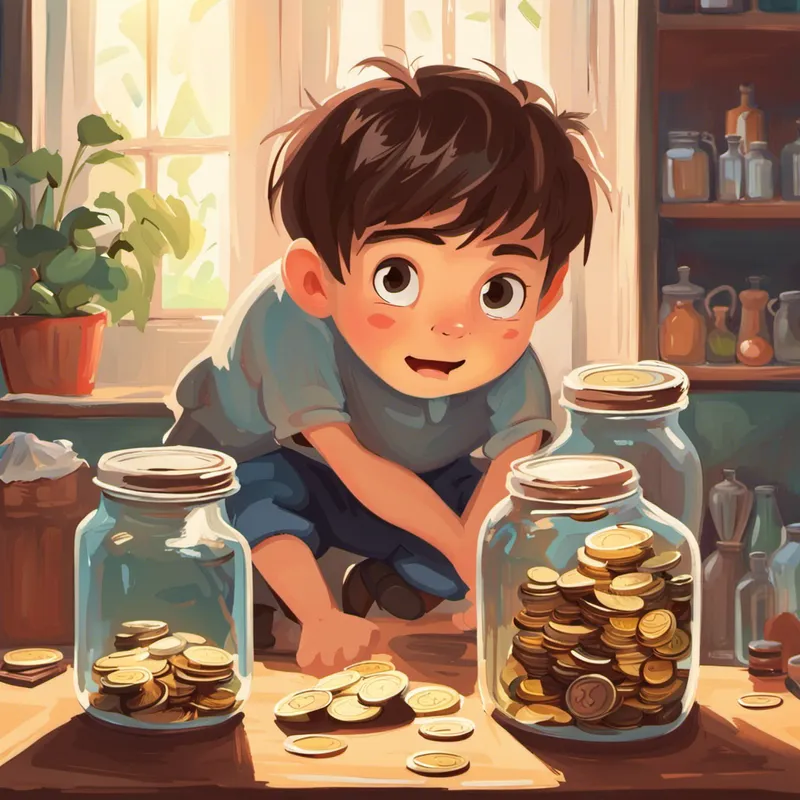 Small boy with brown hair, determined and happy saving money and dropping coins in jar