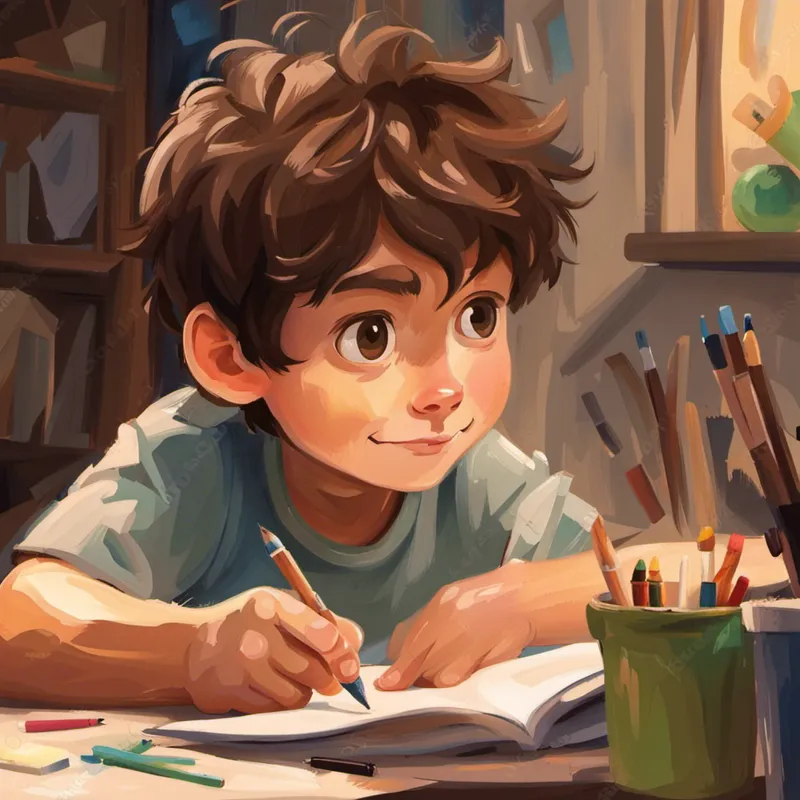 Small boy with brown hair, determined and happy drawing and showing his art to others
