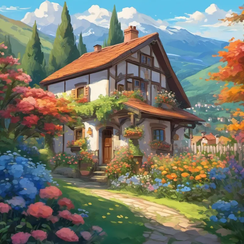 The town is surrounded by beautiful mountains, and A kind-hearted woman with brown hair and bright blue eyes's house is a cozy cottage with a garden full of colorful flowers.