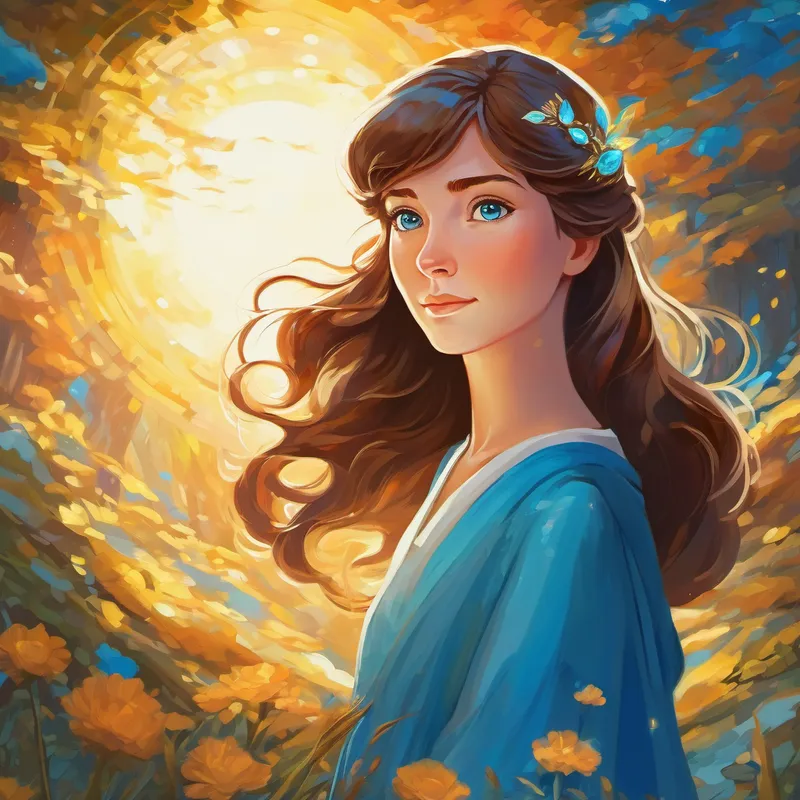 The spirit guide is a shimmering light that hovers beside A kind-hearted woman with brown hair and bright blue eyes wherever she goes.