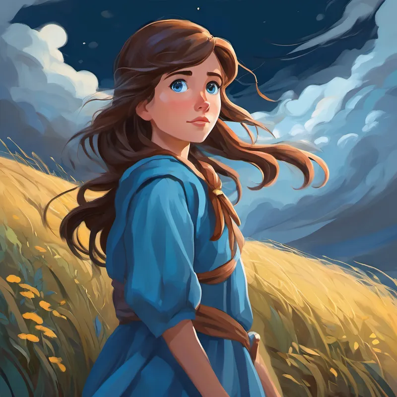 A kind-hearted woman with brown hair and bright blue eyes faces obstacles like a winding path, doubting faces, and a stormy sky. The spirit guide is always by her side, whispering in her ear.