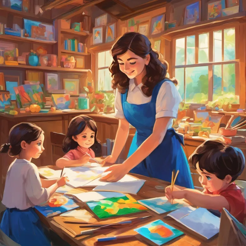A kind-hearted woman with brown hair and bright blue eyes's work is depicted through scenes of her teaching children, organizing events, and creating colorful artwork.