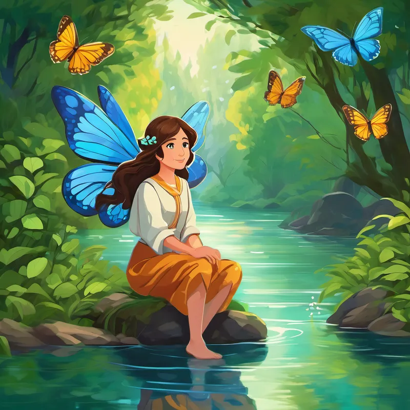 A kind-hearted woman with brown hair and bright blue eyes is sitting by a calm river, surrounded by lush greenery. The spirit guide transforms into a butterfly and dances around her.