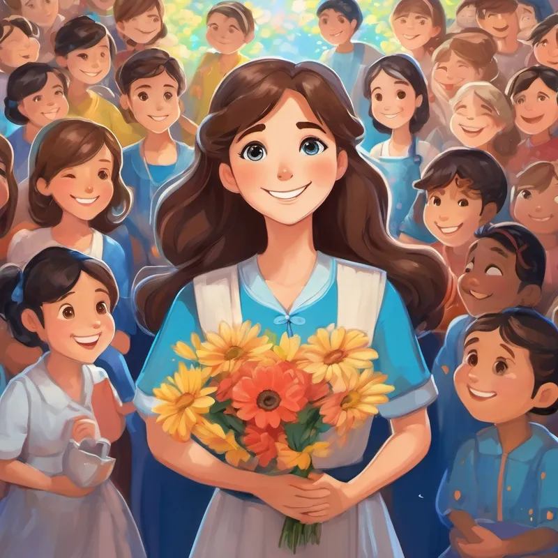 A kind-hearted woman with brown hair and bright blue eyes is surrounded by smiling faces, holding hands, and spreading love and joy.