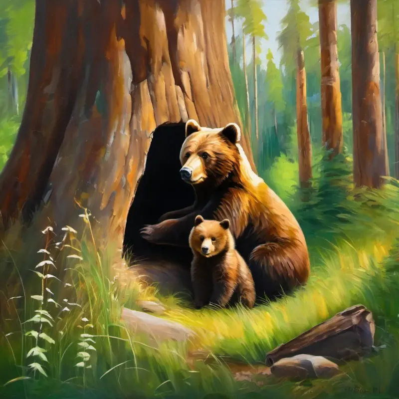 A little bear with brown fur, a little bear with brown fur, is sitting in his cozy den with his mom and dad. Outside, there are tall trees and green grass.