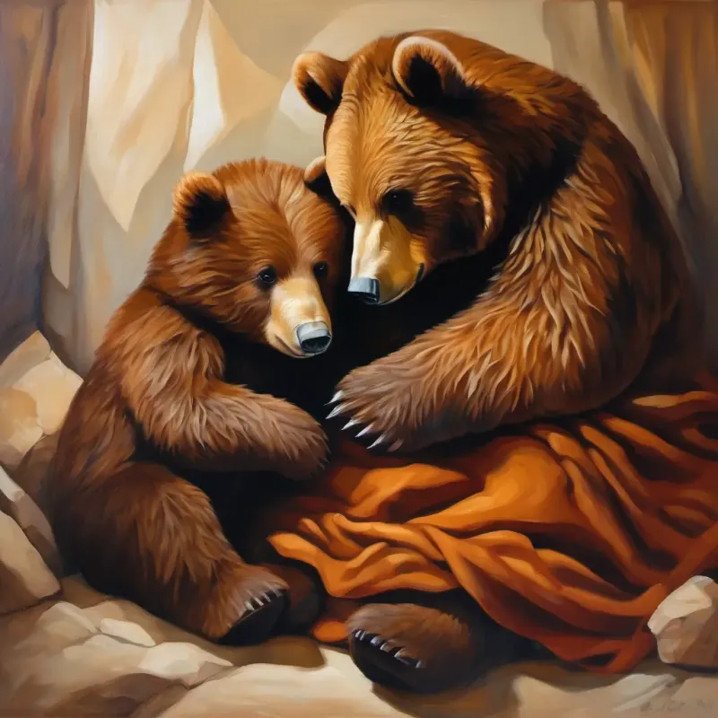 A little bear with brown fur's mom, a bear with brown fur like A little bear with brown fur, is comforting A little bear with brown fur. They are sitting on a soft bed in their den, surrounded by warm blankets.