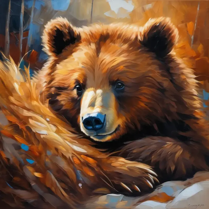 A little bear with brown fur, with a smile on his face, is lying in his bed, closing his eyes. He imagines his dad, a strong bear with brown fur and kind eyes, giving him a big hug.