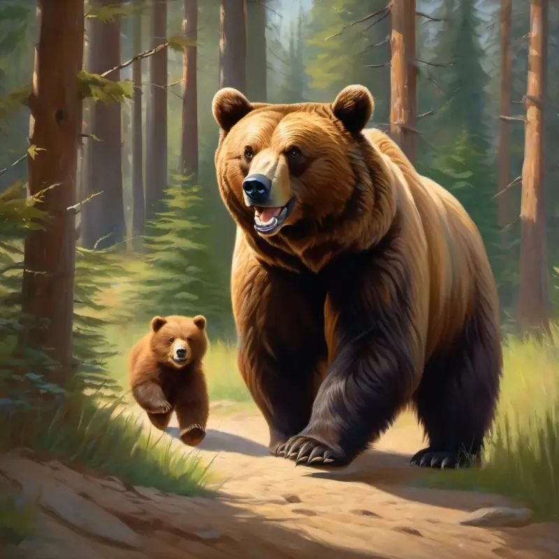 A strong bear with brown fur and kind eyes, a bear with brown fur and a proud smile, is standing at the entrance of their den. A little bear with brown fur, with excitement on his face, is running towards his dad for a big hug.