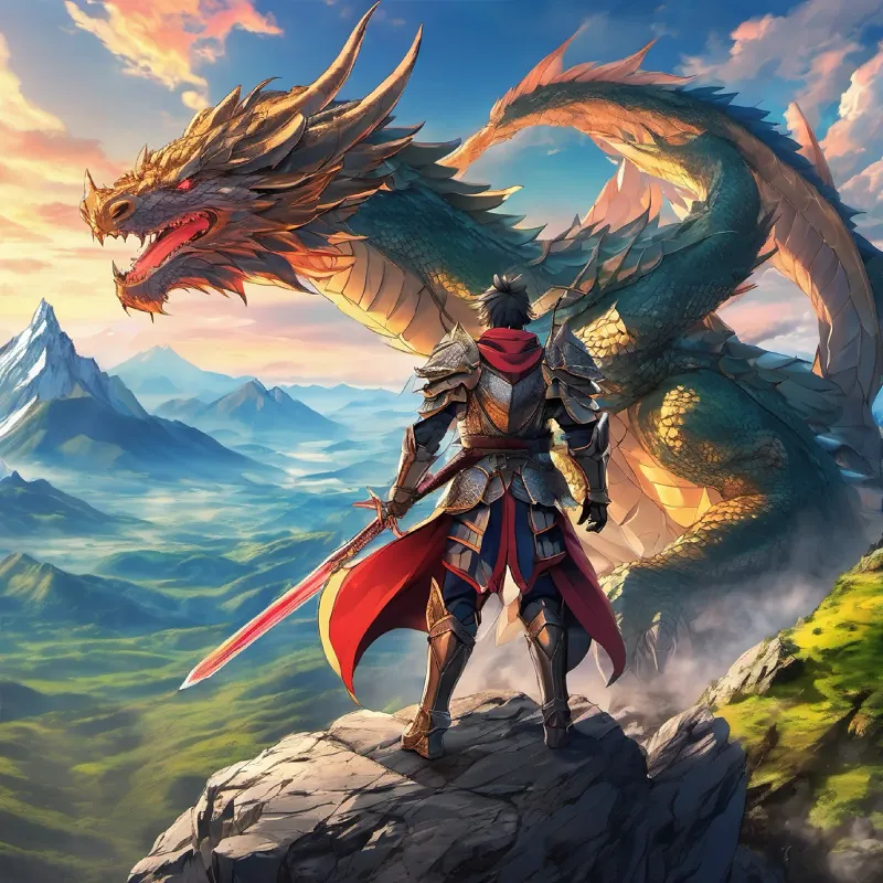 A strong warrior in armor standing on a mountain with a dragon