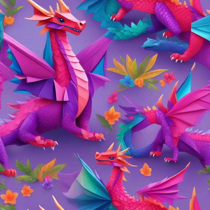 Happy dragon, pink with purple wings and a flower crown and her siblings in Dragonia, vibrant colors, dragons