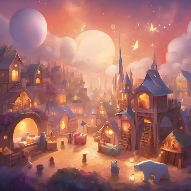 The Sleepy Square in Teddy Bear City, with tired people getting ready for bed.