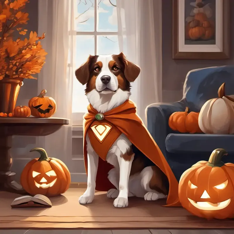 A friendly dog with brown and white fur, wearing a superhero costume, a brown and white dog, sitting in his cozy living room with Halloween decorations