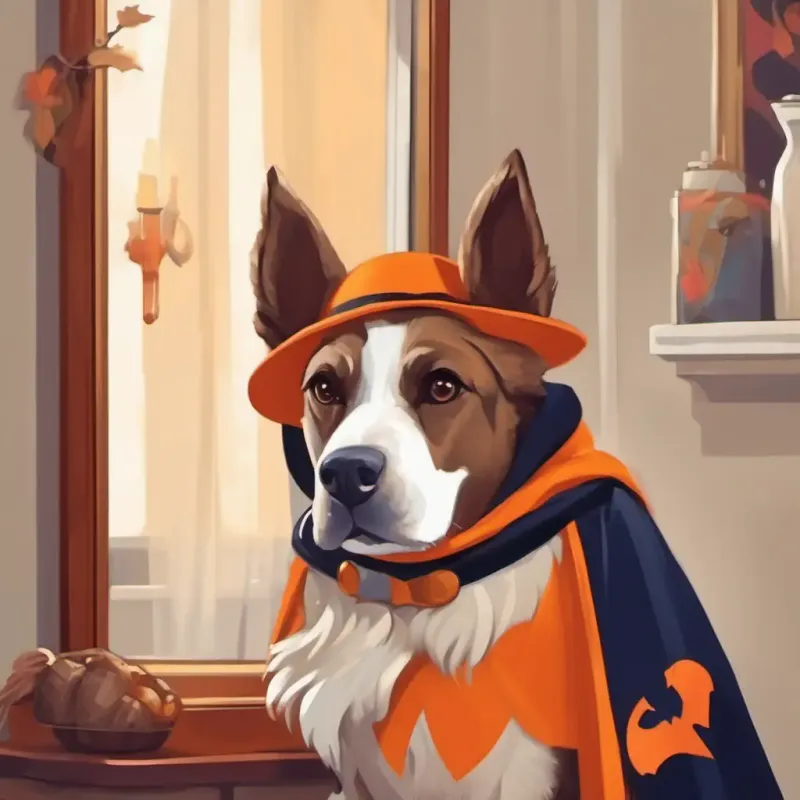 A friendly dog with brown and white fur, wearing a superhero costume, dressed in a superhero costume, looking thoughtful in front of his mirror