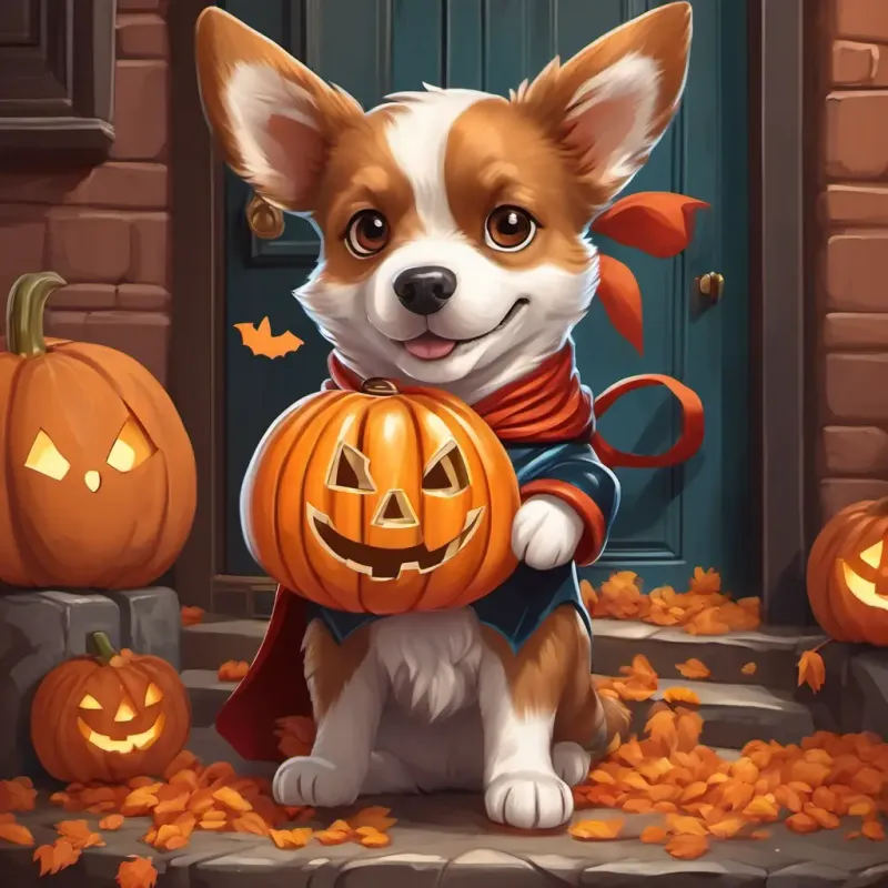 A friendly dog with brown and white fur, wearing a superhero costume, with a bag full of candies, knocking on a decorated door with a carved pumpkin