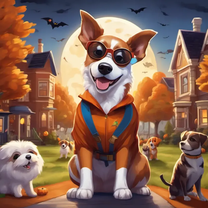 A friendly dog with brown and white fur, wearing a superhero costume, surrounded by kids, wearing funny glasses and telling a joke, with houses and trees in the background