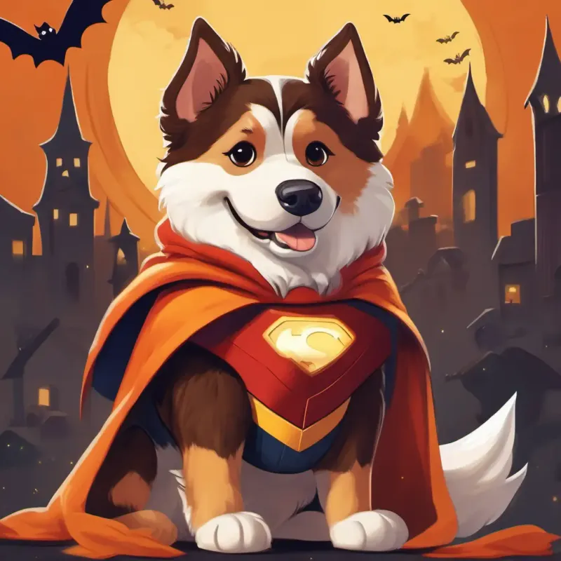 A friendly dog with brown and white fur, wearing a superhero costume, in his superhero costume, with a smile on his face, receiving a pat on the head from his parents