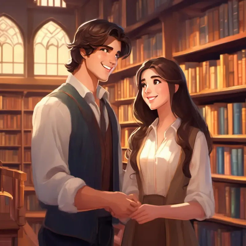 Setting in the college library, with Charming young man with dark hair, friendly smile, and twinkling eyes and Gorgeous young woman with long, flowing hair, sparkling eyes, and warm smile meeting for the first time.