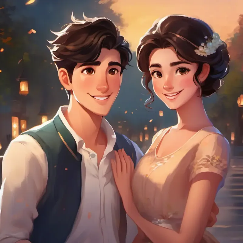 Charming young man with dark hair, friendly smile, and twinkling eyes's bold proposal, with a burst of love and determination that unites the characters.