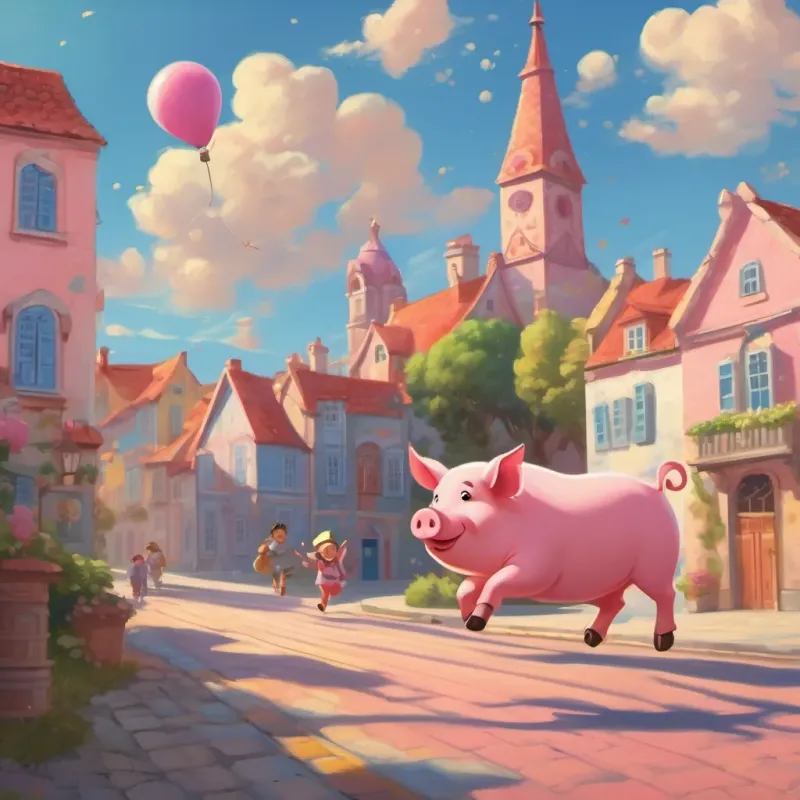 a pink pig and a spotted dog skipping happily to school under a bright blue sky in a cheerful town