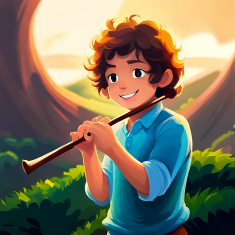 Lanna is a boy with curly brown hair and a bright smile. playing the flute in front of his friends