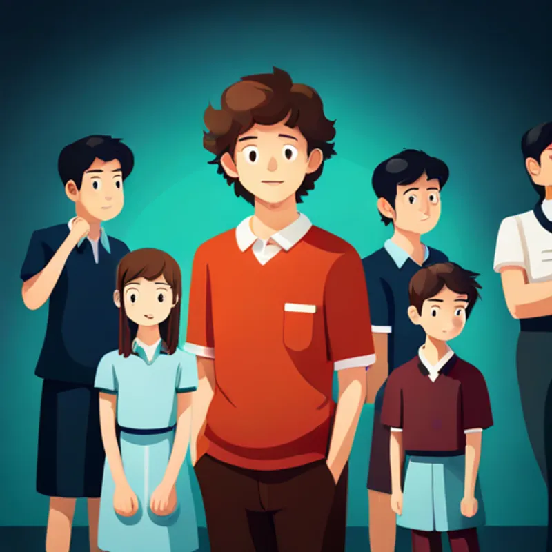 Lanna is a boy with curly brown hair and a bright smile. and his classmates looking worried and sad