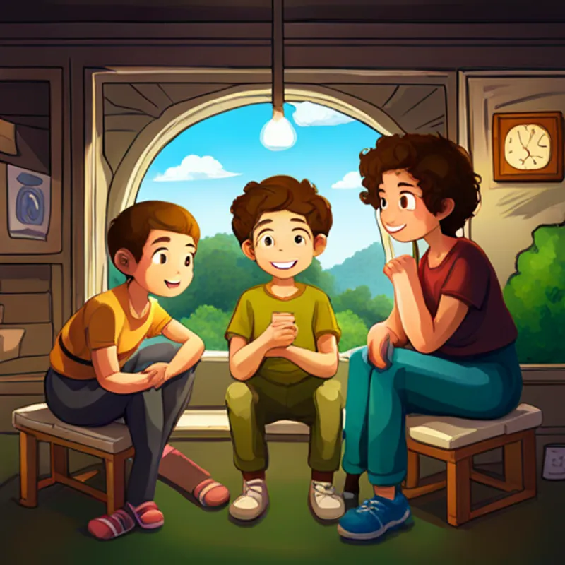 Lanna is a boy with curly brown hair and a bright smile. discussing his idea with his friends