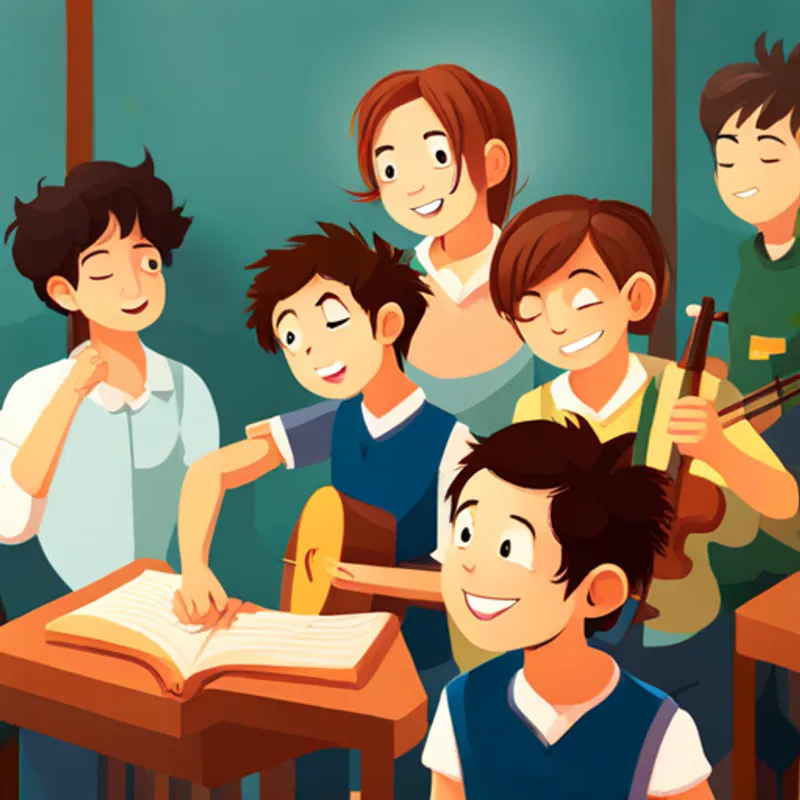 Lanna is a boy with curly brown hair and a bright smile. and his friends practicing music in the school