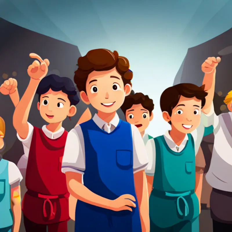 Lanna is a boy with curly brown hair and a bright smile. and his friends receiving applause from the audience