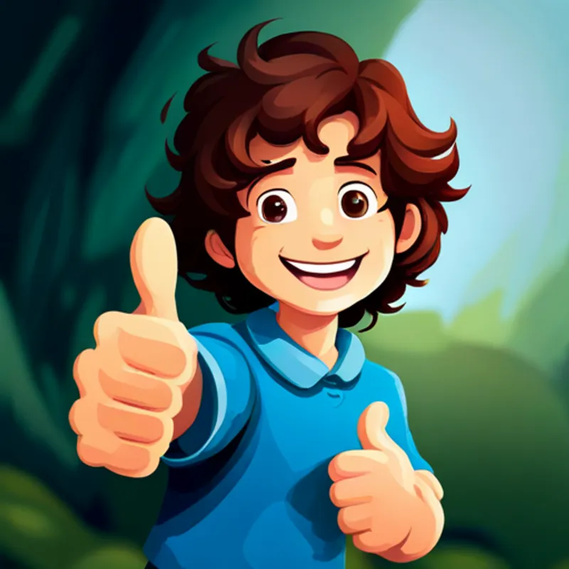 Lanna is a boy with curly brown hair and a bright smile. smiling and giving a thumbs up