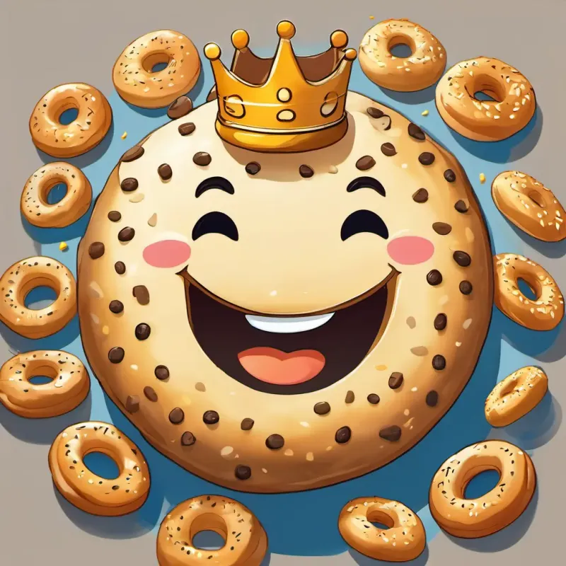 An illustration of A happy bagel with sesame seeds and a crown He is light brown with a smiley face, now wearing a crown, surrounded by other bagels looking up to him.