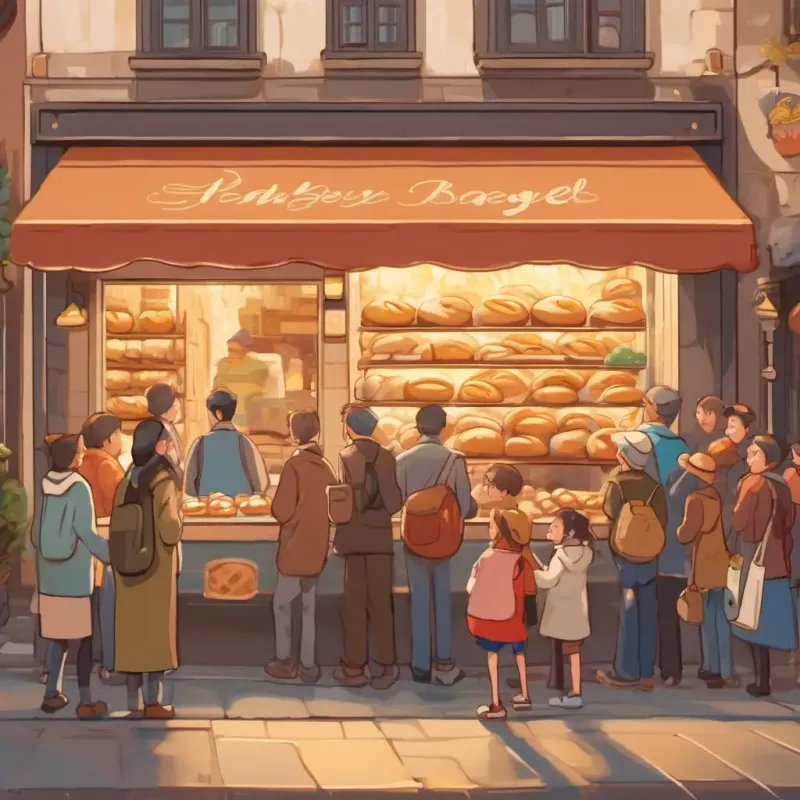 An illustration of a long line of people outside the bakery, eagerly waiting to buy A happy bagel with sesame seeds and a crown He is light brown with a smiley face.