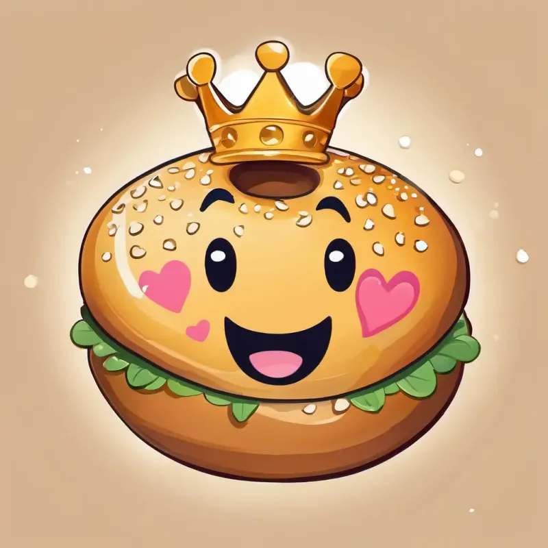 An illustration of A happy bagel with sesame seeds and a crown He is light brown with a smiley face with a big smile, surrounded by hearts and happy faces.