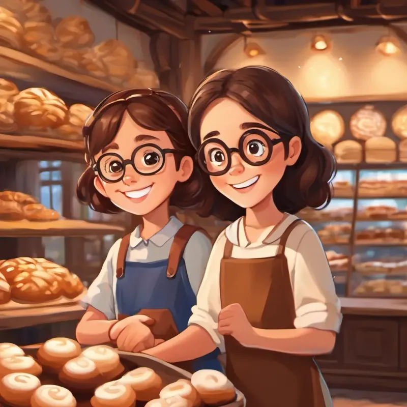 An illustration of A little girl with brown hair, glasses, and a big smile, a young girl with brown hair and glasses, holding hands with her grandma, inside the bakery.