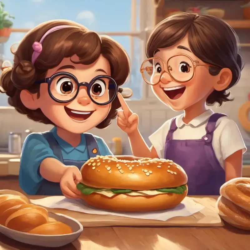 An illustration of A little girl with brown hair, glasses, and a big smile pointing excitedly at A happy bagel with sesame seeds and a crown He is light brown with a smiley face, with her grandma smiling and talking to the baker.