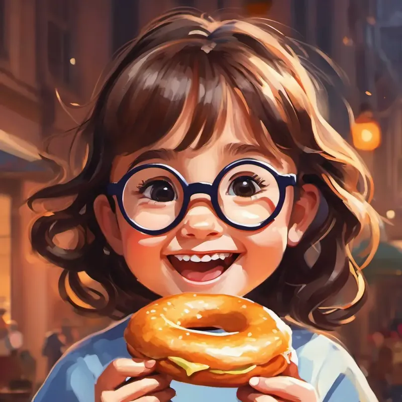 An illustration of A little girl with brown hair, glasses, and a big smile with wide eyes and a big smile, holding a bite of the bagel.