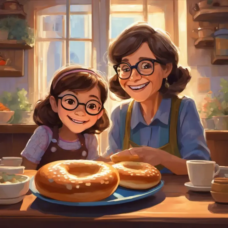 An illustration of A little girl with brown hair, glasses, and a big smile and her grandma sitting at a table, enjoying their bagels.