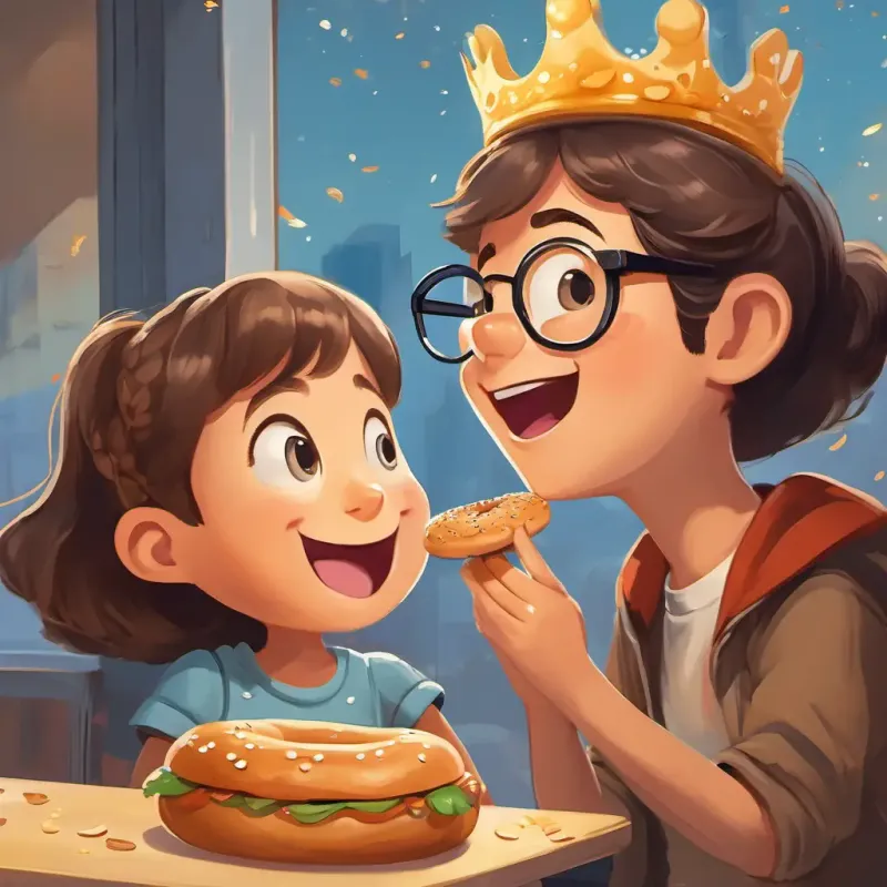 An illustration of A happy bagel with sesame seeds and a crown He is light brown with a smiley face with a big smile, looking at A little girl with brown hair, glasses, and a big smile happily eating her bagel.