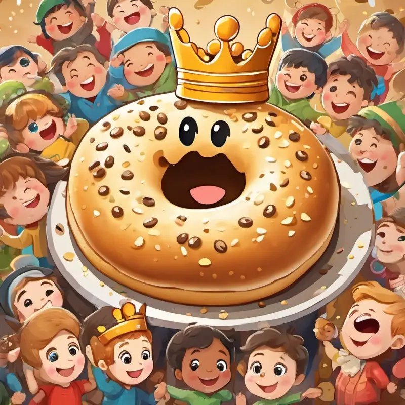 An illustration of A happy bagel with sesame seeds and a crown He is light brown with a smiley face surrounded by happy children, all holding a piece of his bagel.
