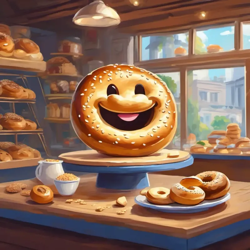 An illustration of a smiling bagel with sesame seeds, inside a bakery filled with delicious treats.