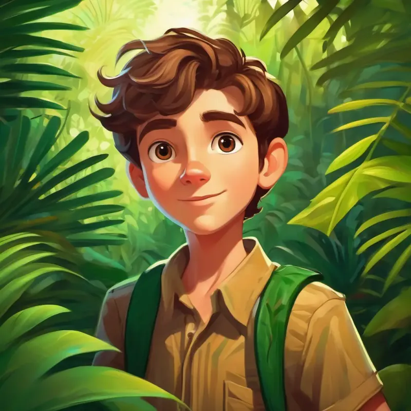 Introducing Curious boy with brown hair, friendly eyes, wearing green and brown and the setting of the lush jungle.