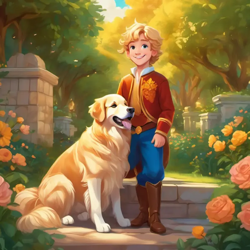 Overview of Rosy-cheeked prince with a playful giggle, blue eyes, and a golden crown's love for the castle gardens and his friendship with Lively golden retriever with a wagging tail, golden fur, and bright brown eyes the golden retriever.
