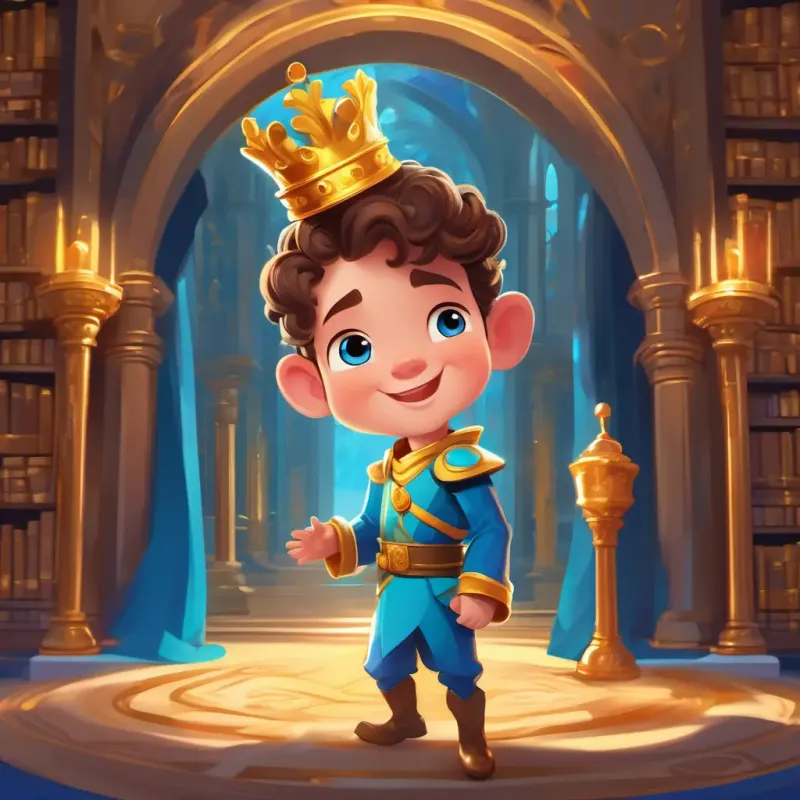 Rosy-cheeked prince with a playful giggle, blue eyes, and a golden crown's adventure in the royal library, discovering a hidden chamber with ancient artifacts.