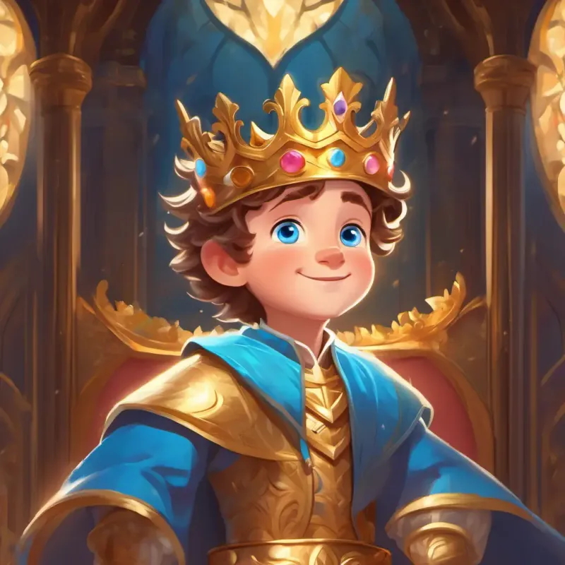 Rosy-cheeked prince with a playful giggle, blue eyes, and a golden crown finding a mystical crown in the chamber, and the magical powers it granted him.