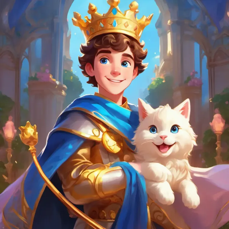 Rosy-cheeked prince with a playful giggle, blue eyes, and a golden crown using his magical powers to spread joy and happiness throughout the kingdom.