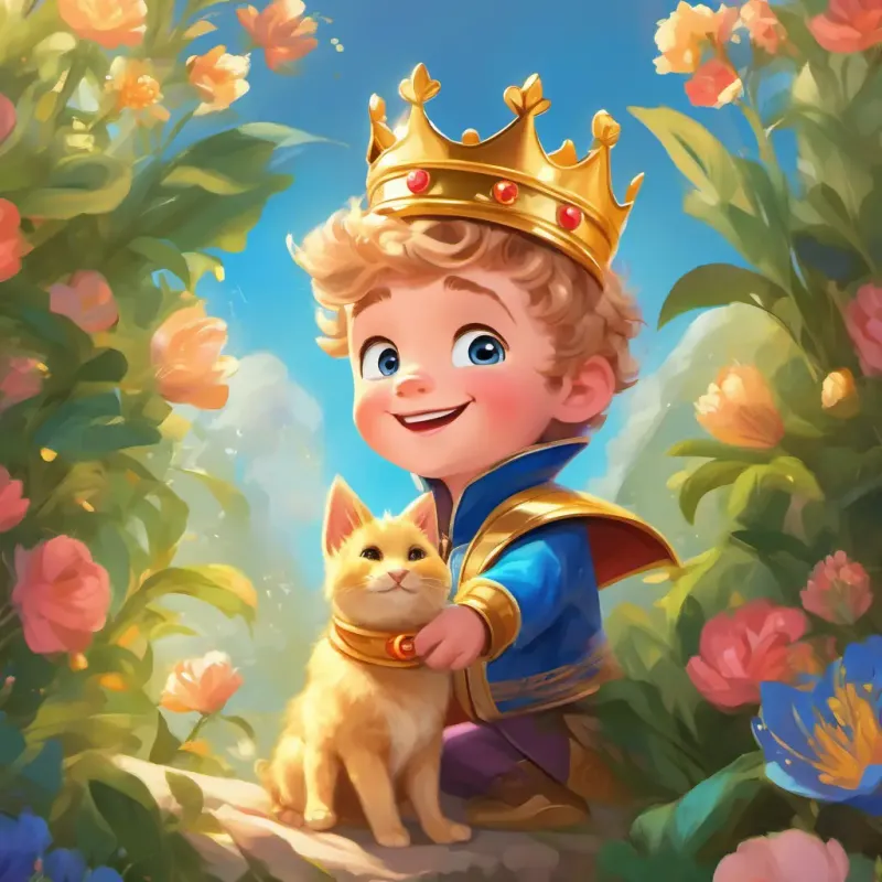 Rosy-cheeked prince with a playful giggle, blue eyes, and a golden crown's transformation into the joyful and playful prince of Wondertopia, spreading happiness throughout the land.