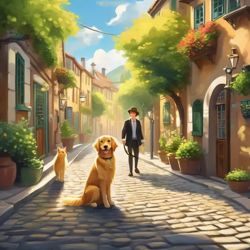 Sunny town, Furry golden retriever, brown eyes, playful and loyal, Fluffy black and white cat, green eyes, agile and mischievous, meeting on a cobblestone street, friendly atmosphere