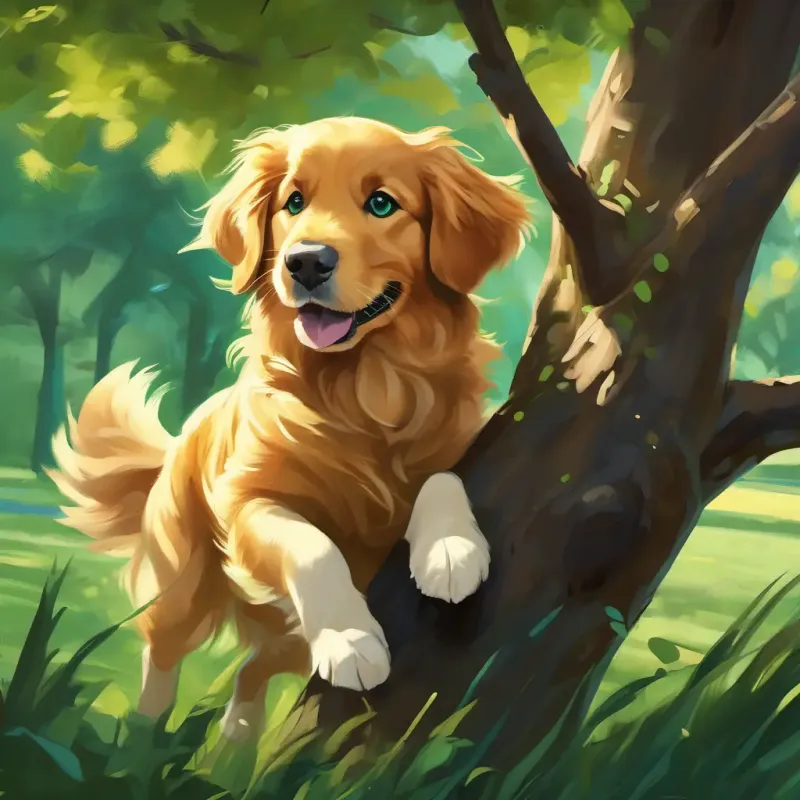Green park, Furry golden retriever, brown eyes, playful and loyal chasing a stick, Fluffy black and white cat, green eyes, agile and mischievous climbing a tree, fun atmosphere