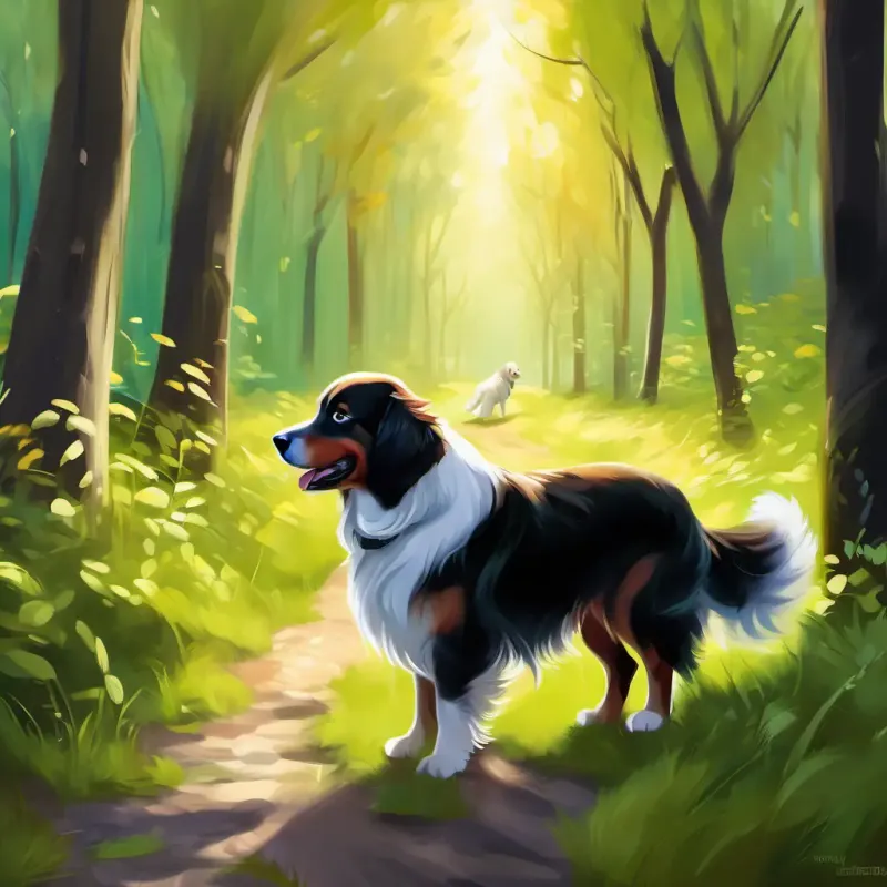 Mystical forest, Furry golden retriever, brown eyes, playful and loyal and Fluffy black and white cat, green eyes, agile and mischievous on a path, curious and excited expressions