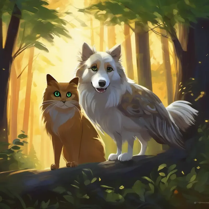 Twilight forest, Wise old owl, Furry golden retriever, brown eyes, playful and loyal and Fluffy black and white cat, green eyes, agile and mischievous listening attentively, mischievous raccoons lurking